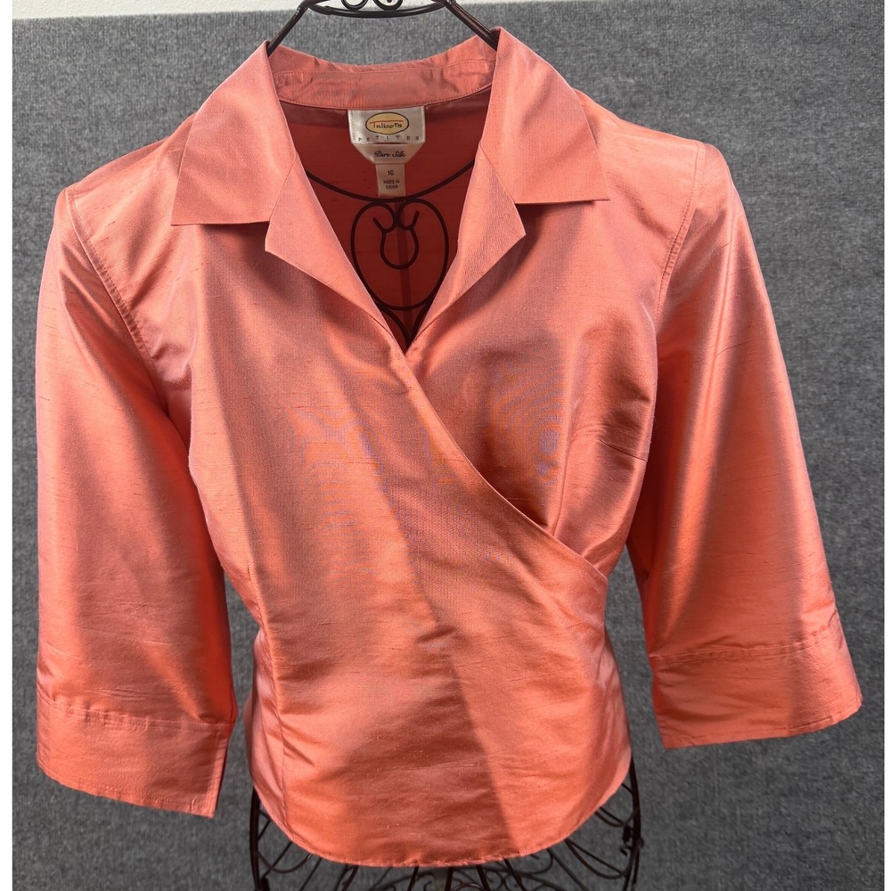 Talbots Petites 100% Silk Coral Wrap Blouse 3/4 Sleeve Sz 16 Fall Fashion Office
